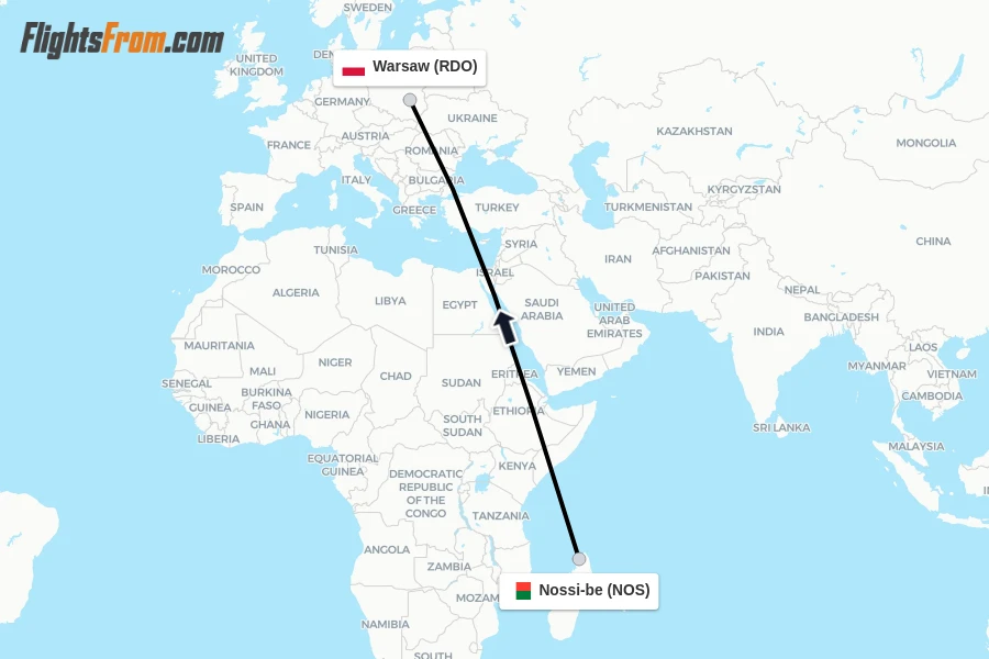 Flights from Nossi-be to Warsaw route map