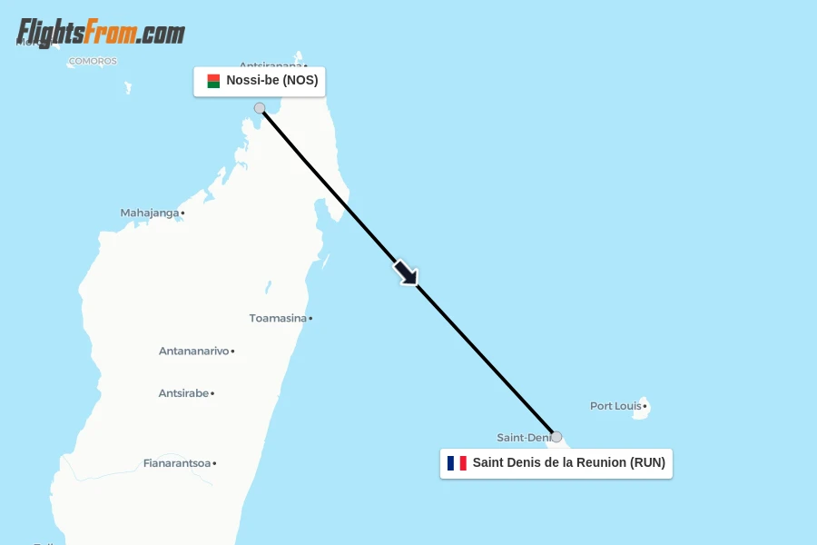 Flights from Nossi-be to Saint Denis de la Reunion route map