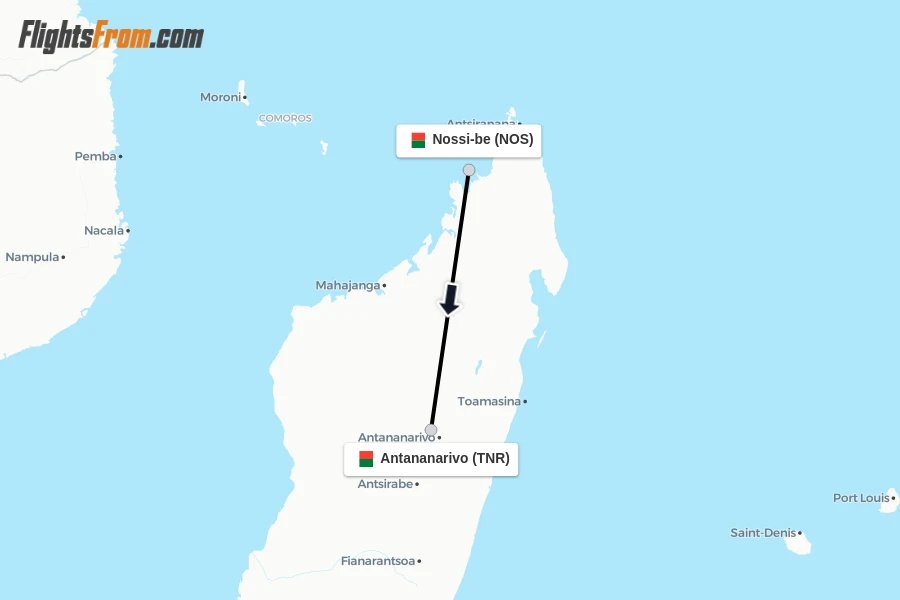 Flights from Nossi-be to Antananarivo route map
