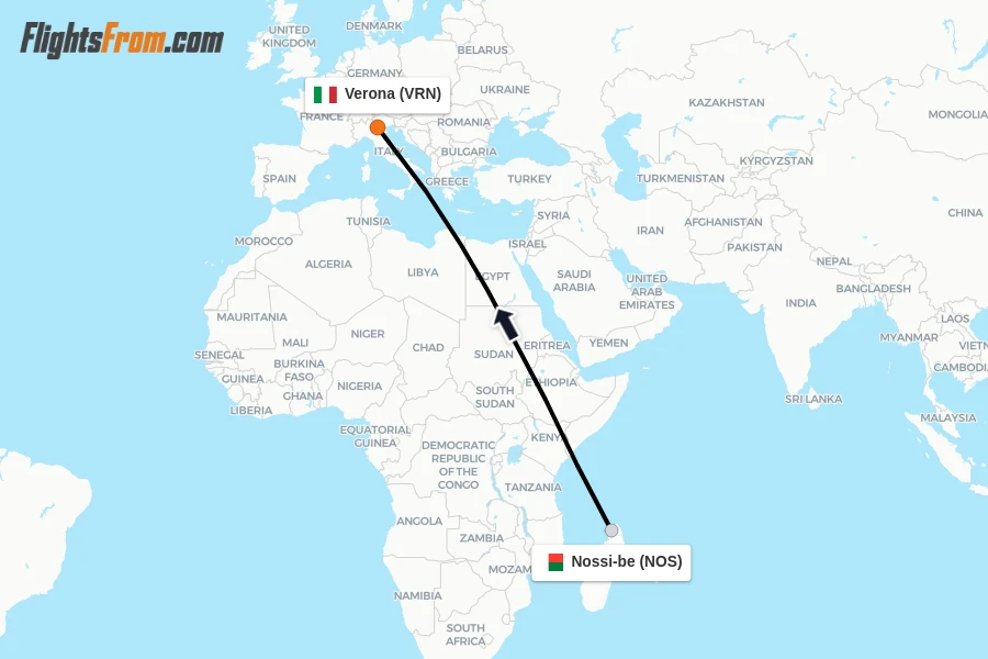 Flights from Nossi-be to Verona route map
