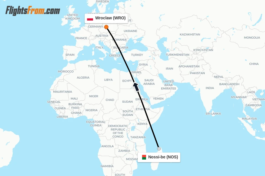 Flights from Nossi-be to Wroclaw route map