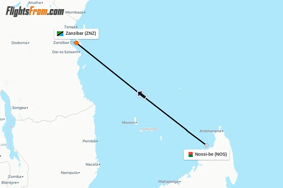 Flights from Nossi-be to Zanzibar route map