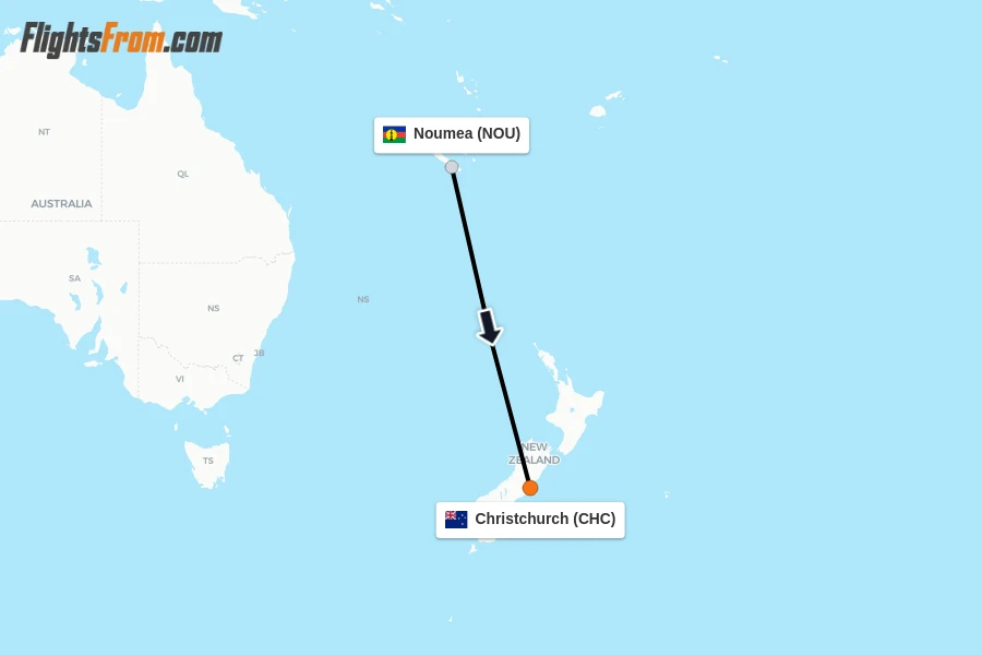 Flights from Noumea to Christchurch route map