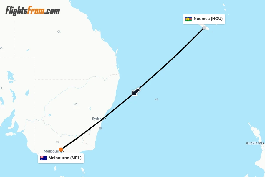 Flights from Noumea to Melbourne route map