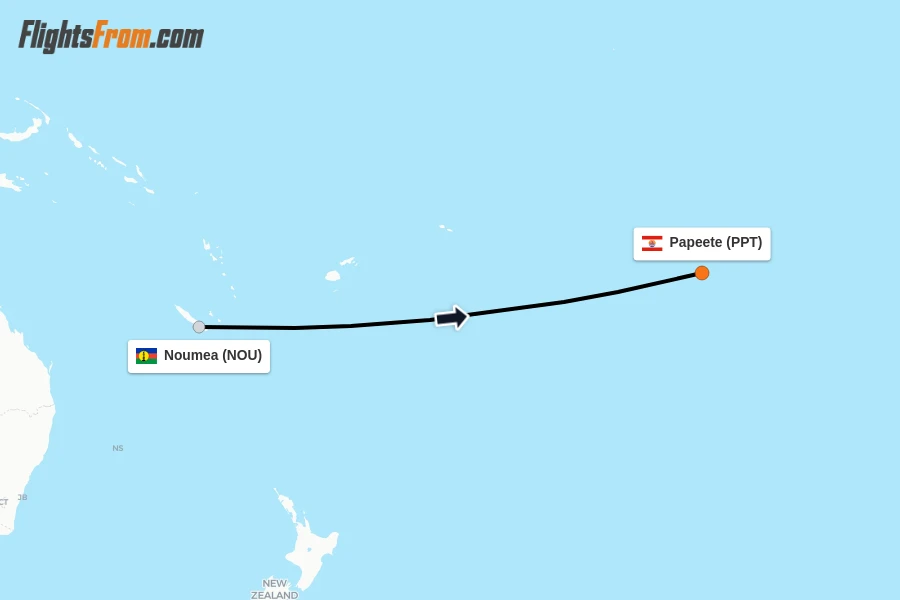 Flights from Noumea to Papeete route map