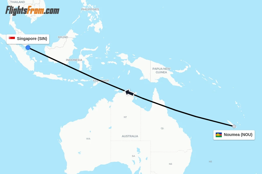 Flights from Noumea to Singapore route map