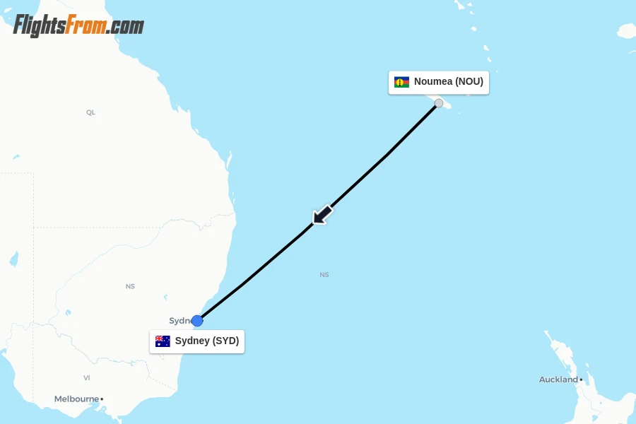 Flights from Noumea to Sydney route map