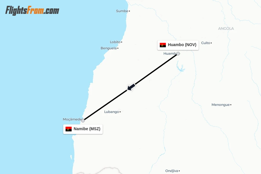 Flights from Huambo to Namibe route map
