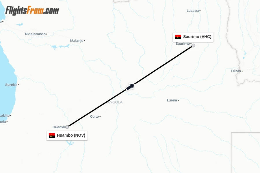 Flights from Huambo to Saurimo route map