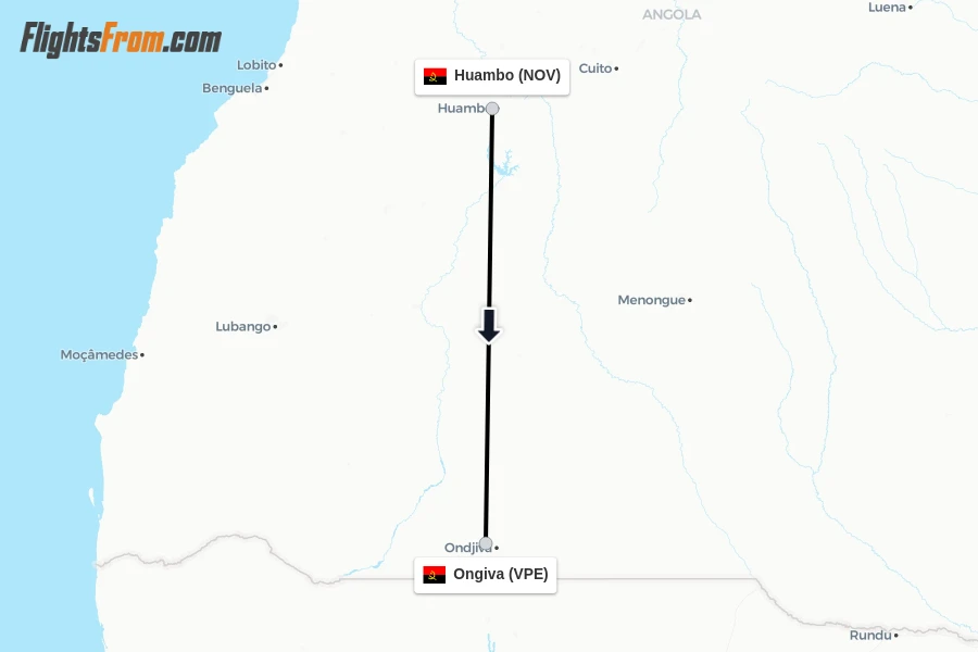Flights from Huambo to Ongiva route map