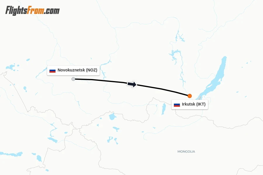 Flights from Novokuznetsk to Irkutsk route map