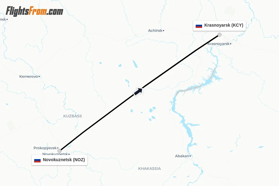 Flights from Novokuznetsk to Krasnoyarsk route map