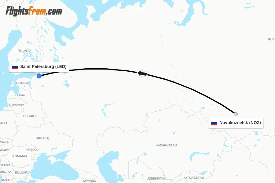 Flights from Novokuznetsk to Saint Petersburg route map