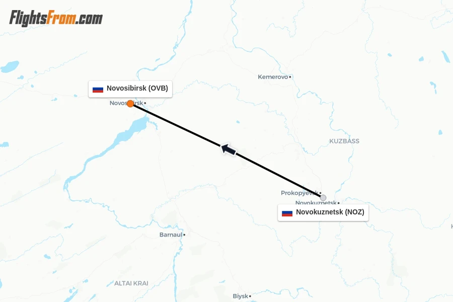 Flights from Novokuznetsk to Novosibirsk route map