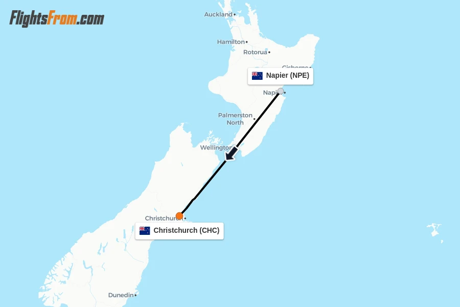 Flights from Napier to Christchurch route map