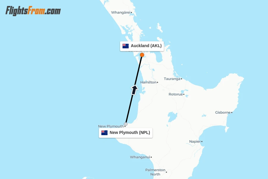 Flights from New Plymouth to Auckland route map