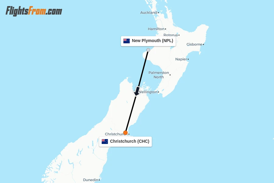 Flights from New Plymouth to Christchurch route map
