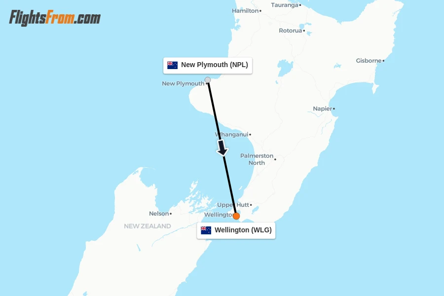 Flights from New Plymouth to Wellington route map