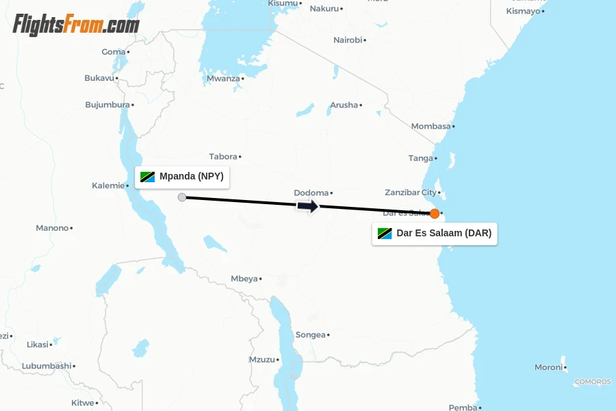 Flights from Mpanda to Dar Es Salaam route map