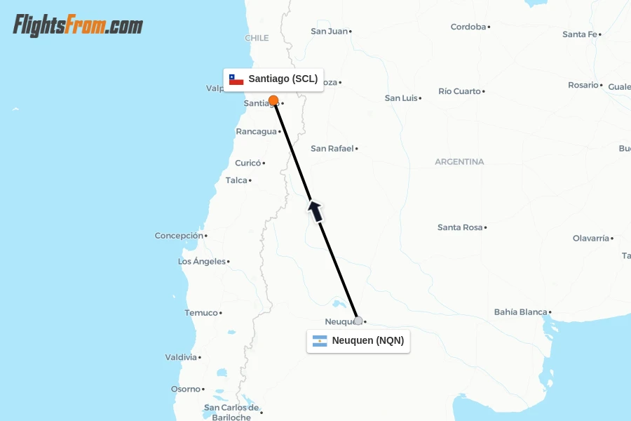Flights from Neuquen to Santiago route map