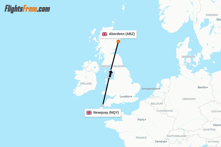 Flights from Newquay to Aberdeen route map