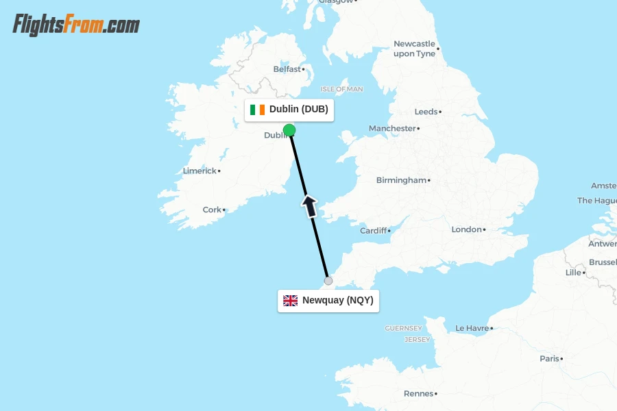 Flights from Newquay to Dublin route map