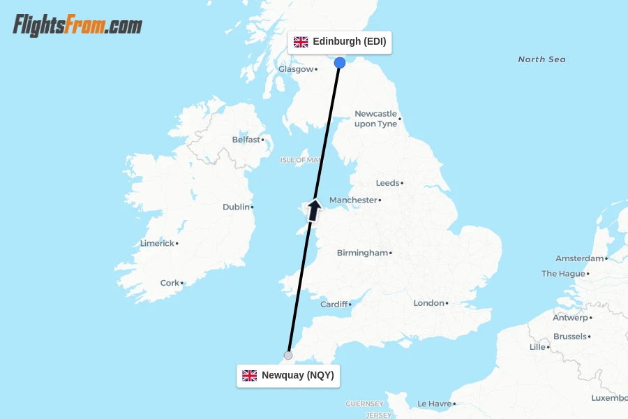 Flights from Newquay to Edinburgh route map