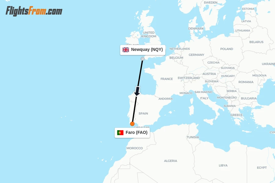 Flights from Newquay to Faro route map