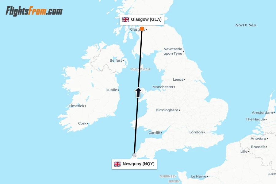 Flights from Newquay to Glasgow route map