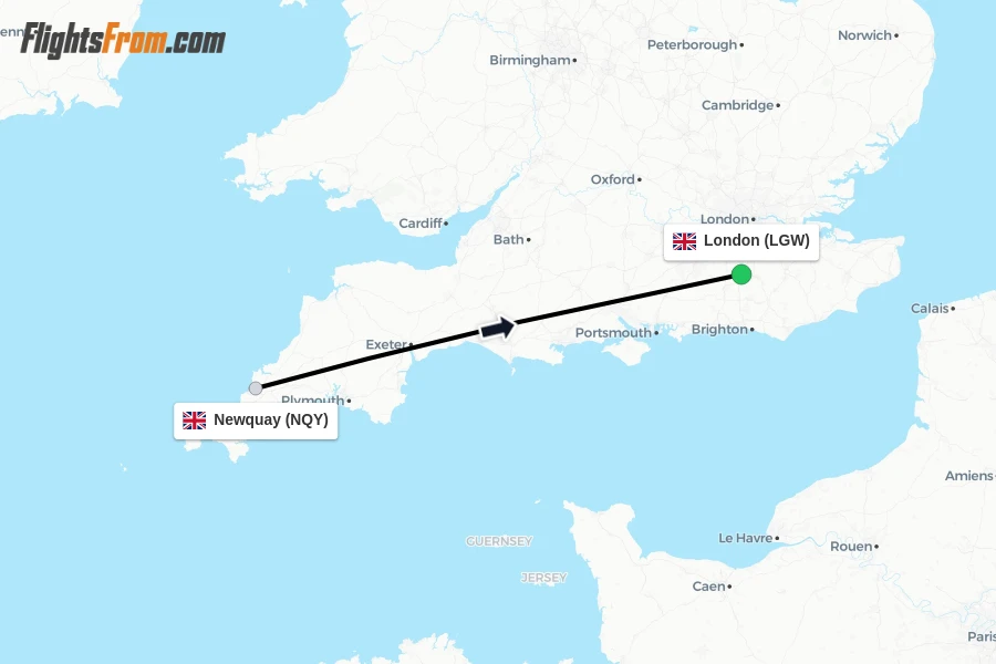 Flights from Newquay to London route map