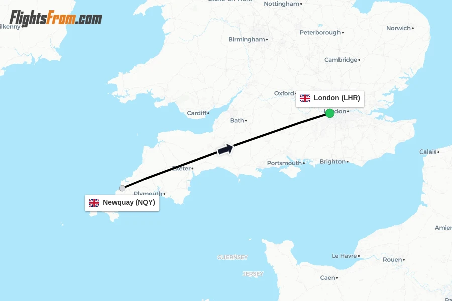 Flights from Newquay to London route map