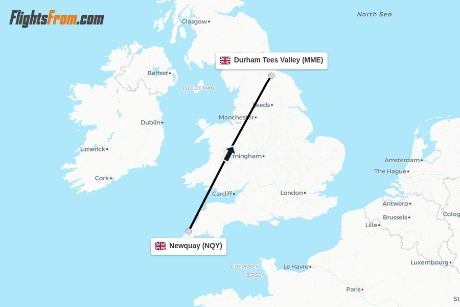 Flights from Newquay to Durham Tees Valley route map