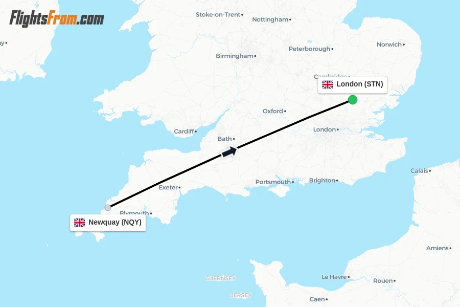 Flights from Newquay to London route map