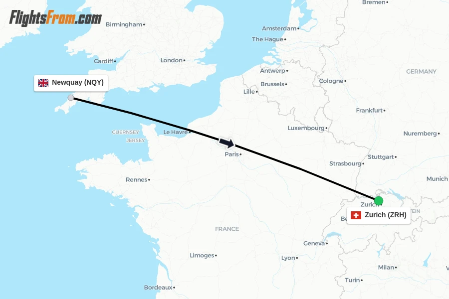 Flights from Newquay to Zurich route map
