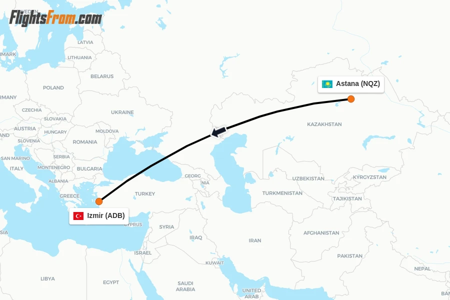 Flights from Astana to Izmir route map