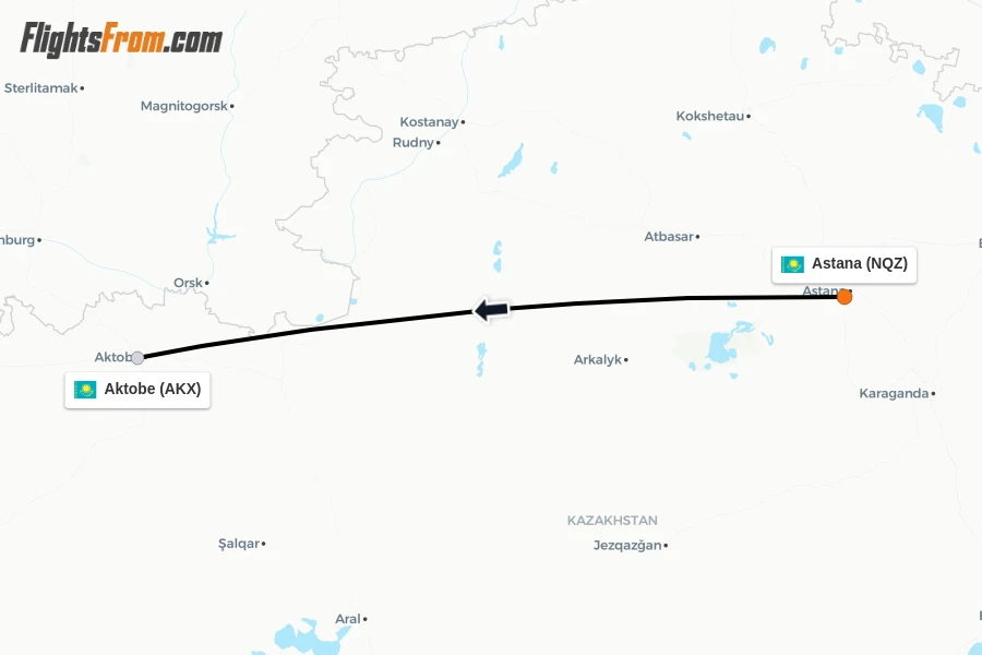 Flights from Astana to Aktobe route map