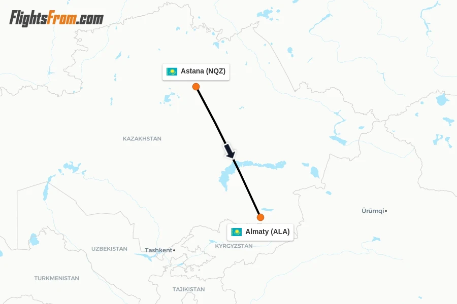 Flights from Astana to Almaty route map