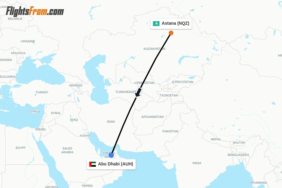 Flights from Astana to Abu Dhabi route map