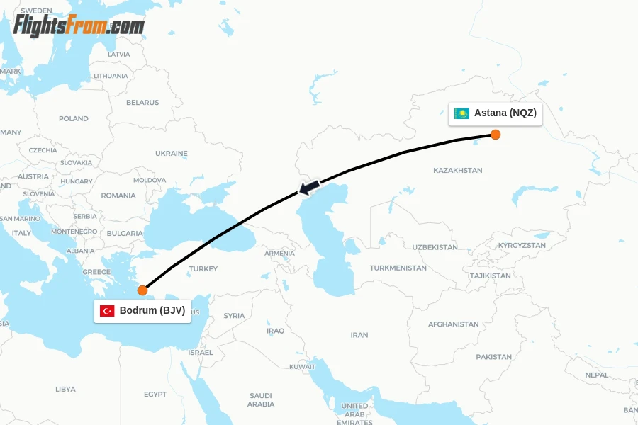 Flights from Astana to Bodrum route map