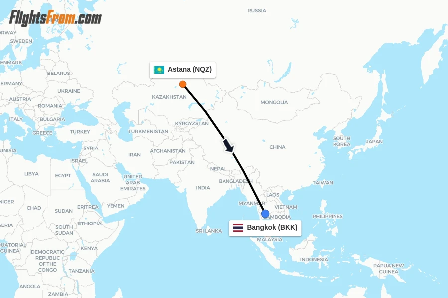 Flights from Astana to Bangkok route map