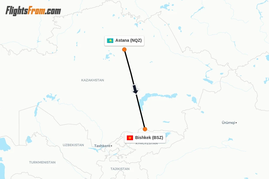 Flights from Astana to Bishkek route map