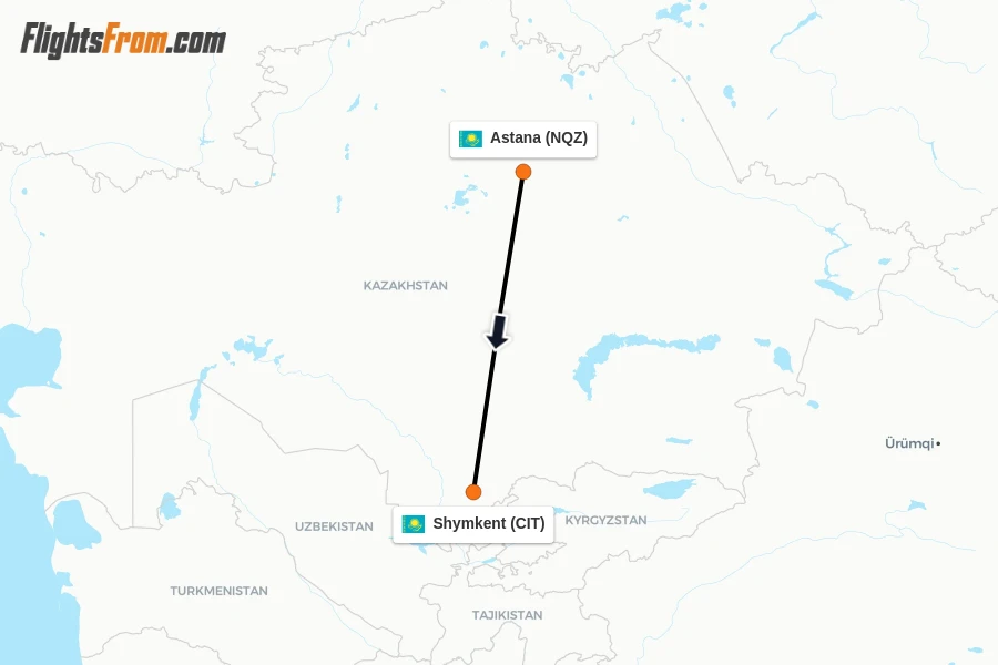 Flights from Astana to Shymkent route map