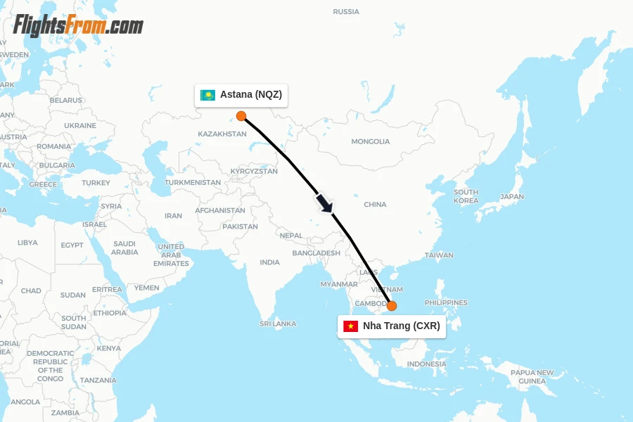 Flights from Astana to Nha Trang route map