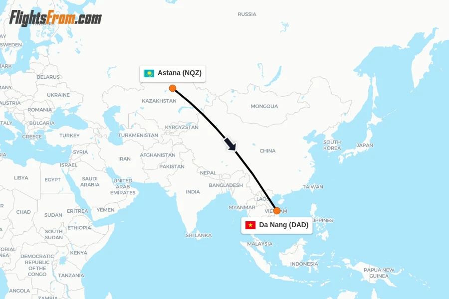 Flights from Astana to Da Nang route map