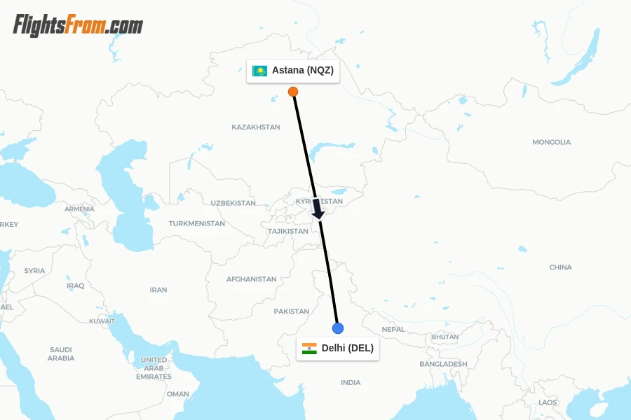 Flights from Astana to Delhi route map