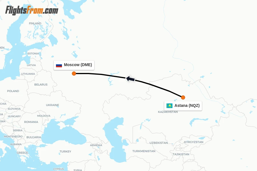 Flights from Astana to Moscow route map