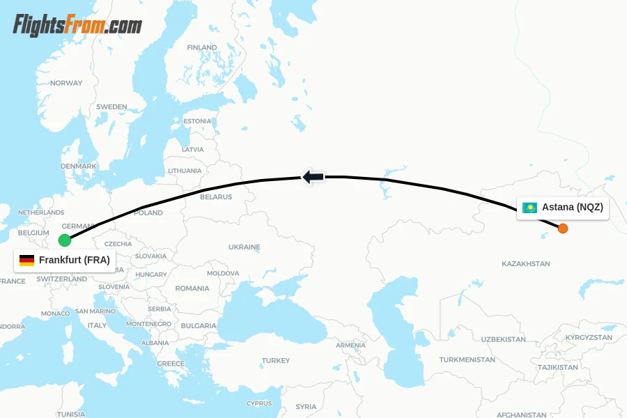 Flights from Astana to Frankfurt route map