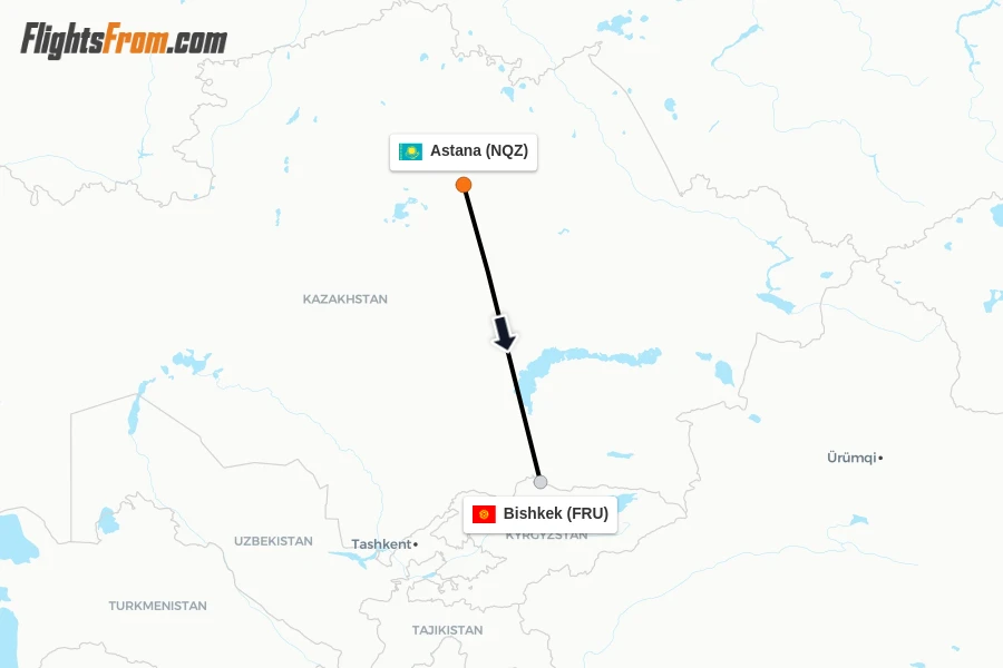 Flights from Astana to Bishkek route map