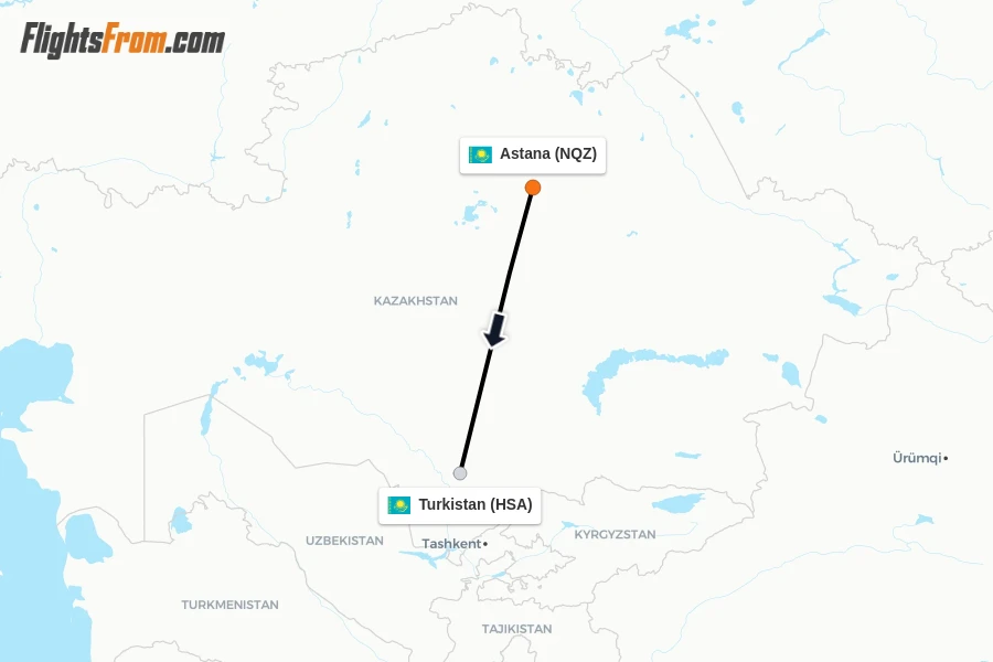 Flights from Astana to Turkistan route map