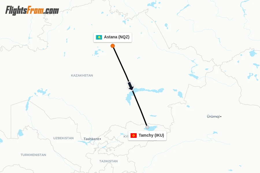 Flights from Astana to Tamchy route map